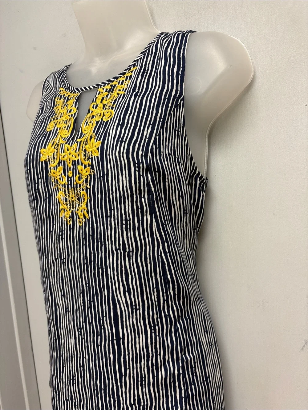 THML Embroidered Striped Shift Dress Navy & White with Mustard Embroidery Medium - Picture 3 of 12